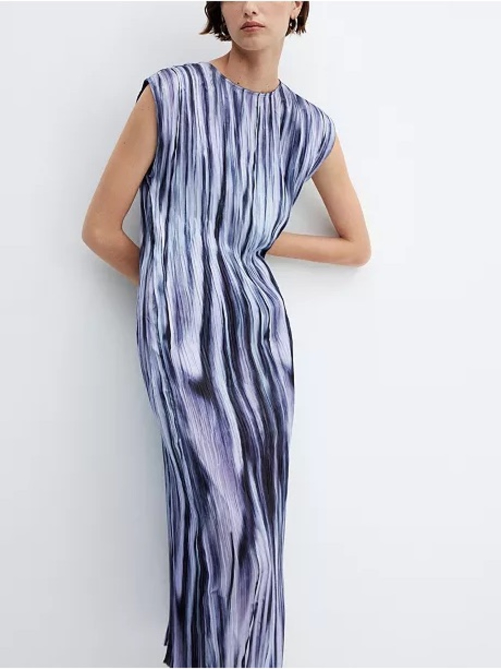 Mango Sleeveless Maxi Dress in Lavender & Navy Wave Print